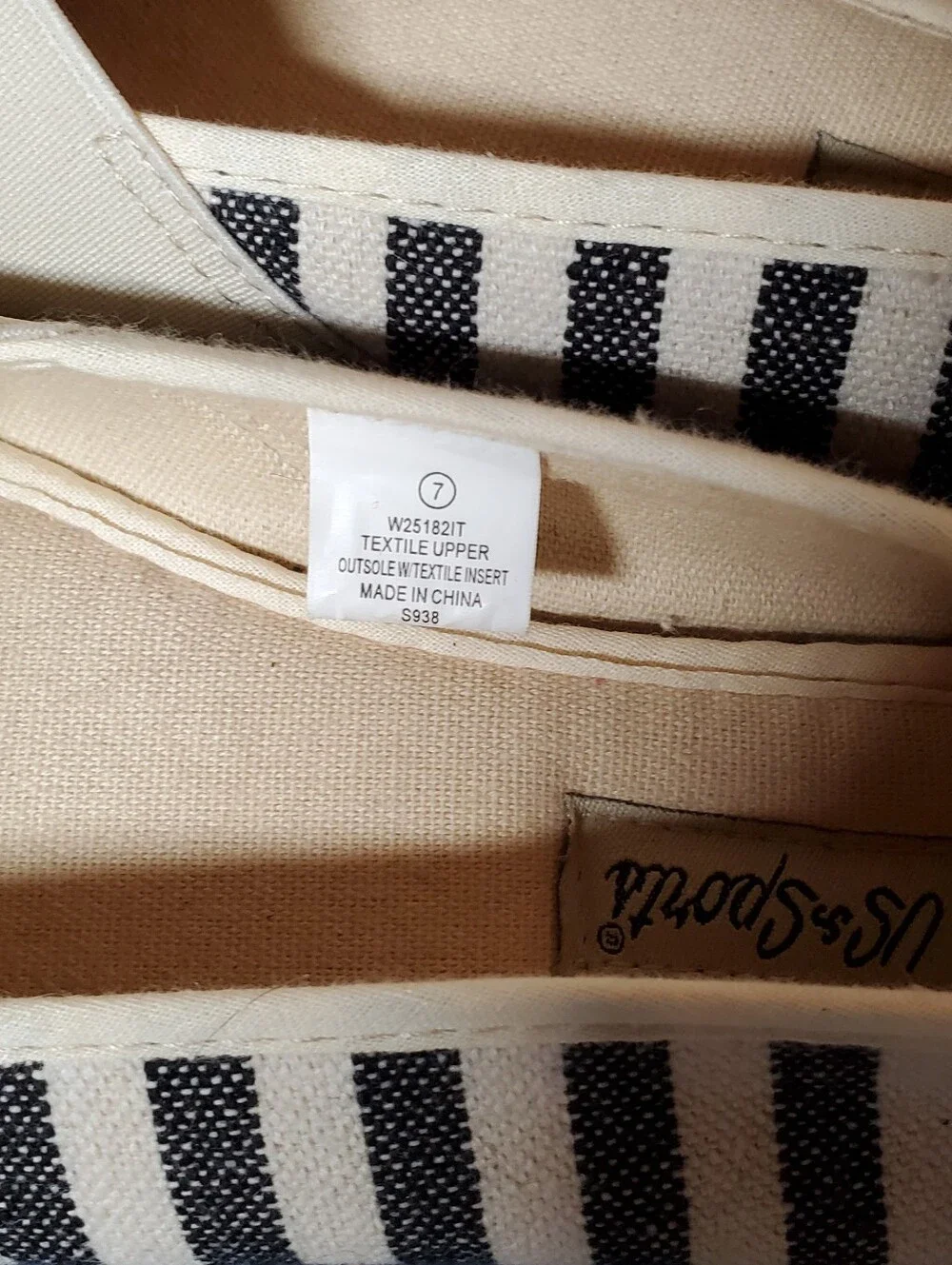 US Sports Black & Cream Striped Canvas Slip-On Espadrille Flats Size 7